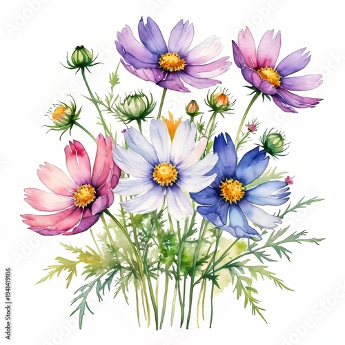 Watercolor Cosmos Floral Arrangement Clipart: Isolated Wildflower Bouquet Illustration on White, Delicate Botanical Art, Bright Colors, Floral Design