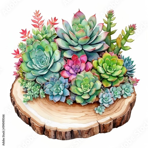 Watercolor Floral Wood Slice Illustration: Succulents on White Background, Isolated Design Element, Bright Botanical Artwork for Creative Projects