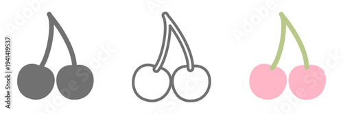 さくらんぼのアイコンセット（線画・シルエット・カラー）