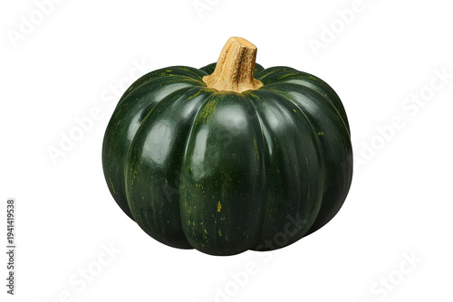 Kabocha squash featuring dark green skin with lighter streaks and a sturdy, light brown stem, ready for culinary use