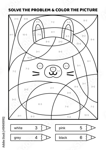 Solve the problem, color the picture. Kawaii hare. Black and white. Coloring book. Addition, Subtraction. Coloring book. Isolated vector illustration eps 10
