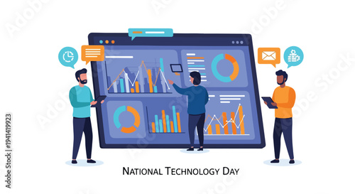 Illustration of three men analyzing data on a large computer screen with graphs and charts on National Technology Day.