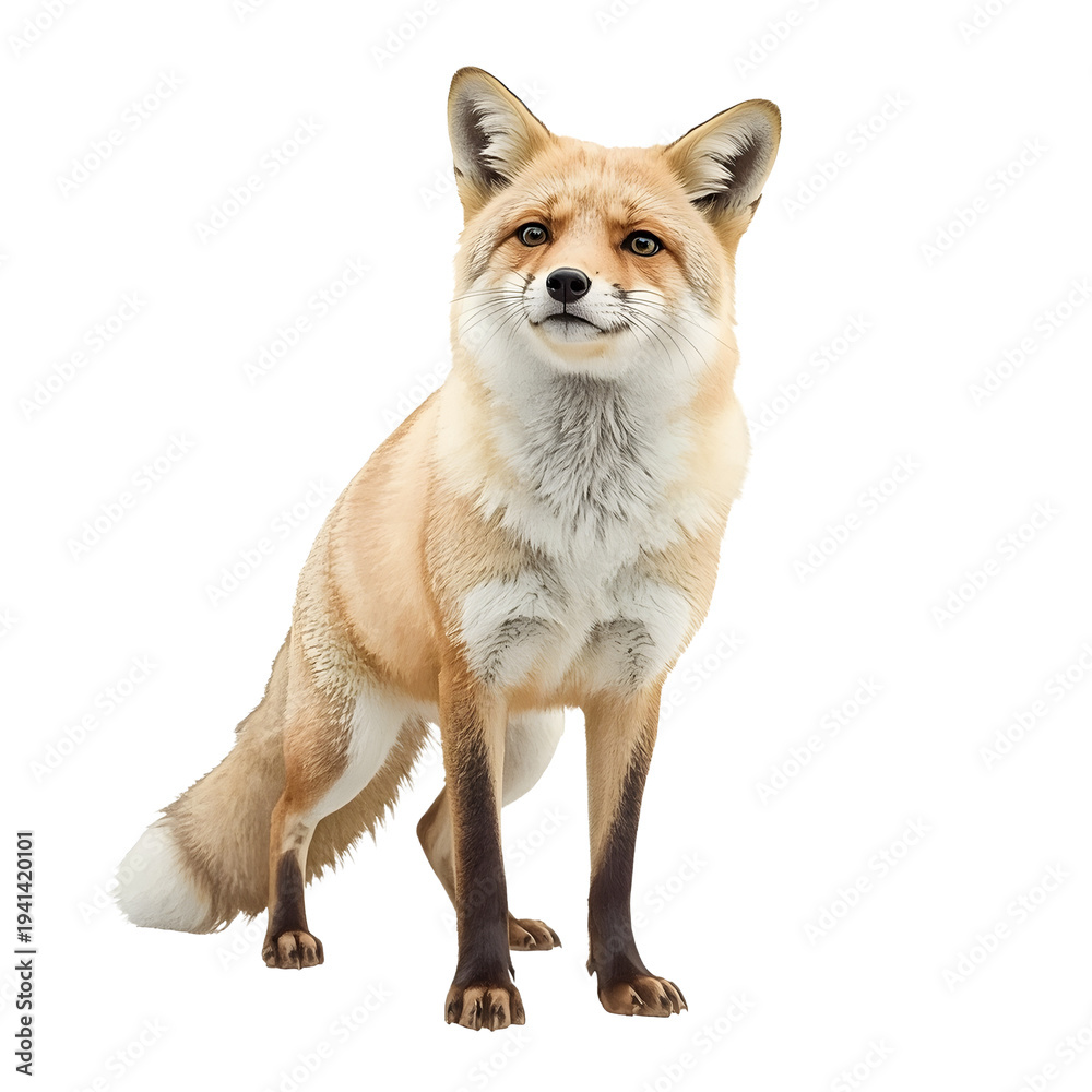Fototapeta premium Adorable red fox standing on a white background and looking at the camera