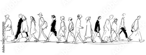 Silhouette crowd walking in line minimalist black and white vector illustration