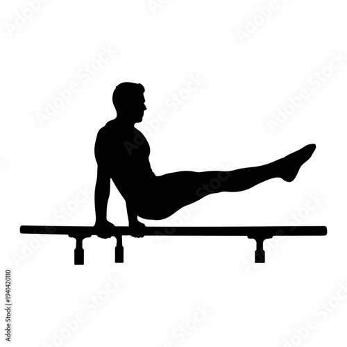 Gymnast silhouette performing L-sit on parallel bars, flat design vector illustration