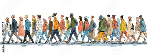 Diverse business people walking in line teamwork collaboration office success vector illustration