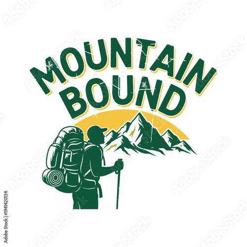Mountain bound adventurer with backpack standing in front of mountains tshirt design