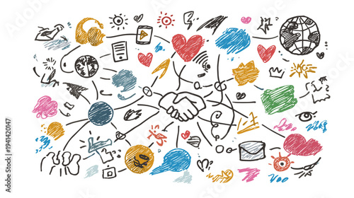 Hand Drawn Doodle Network Icons Set with Colorful Business Concepts and Connections