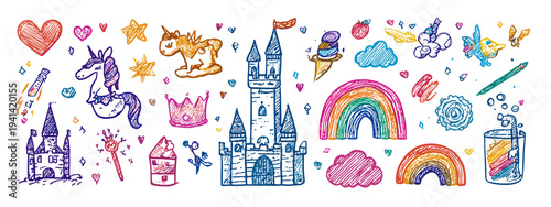 Colorful kids fantasy drawings with unicorns castles dragons and rainbows hand drawn illustration