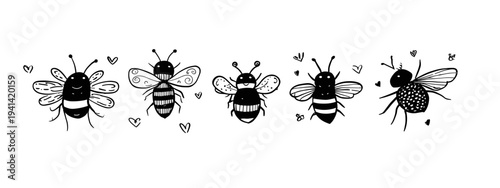 Cute cartoon bees flying vector illustration set isolated on white background doodle styl