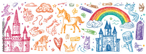 Fényképezés Colorful kids fantasy drawings with unicorns castles dragons and rainbows hand d