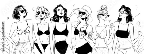 Group of diverse women in bikinis celebrating summer party vibe doodle style illustration