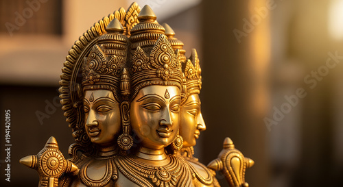 Gayatri Jayanti, Close-up of a meticulously carved golden brass statue of Goddess Gayatri with five distinct faces, detailed textures on the intricate crowns and jewelry