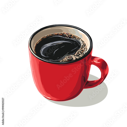 Fresh hot black coffee in red ceramic mug with steam isolated on white background