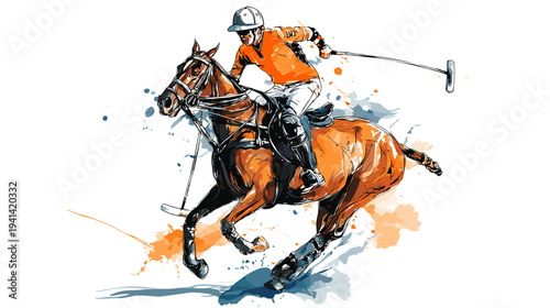 Polo player in action riding brown horse splashing water on white background