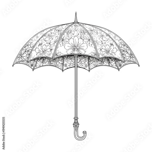 Elegant white lace outline umbrella isolated on clean white background minimalist design