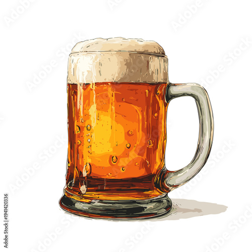 Foamy golden beer mug with frothy head isolated on white background for advertising