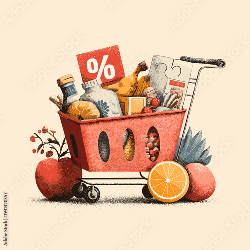 Colorful grocery shopping cart with fresh fruits vegetables wine and snacks flat design illustration
