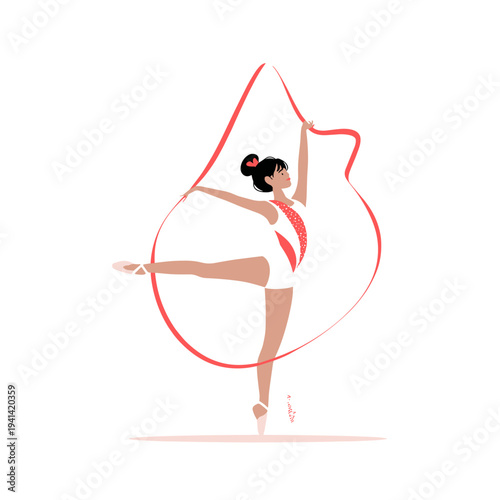 Rhythmic gymnast performing ribbon dance in red leotard flat style illustration
