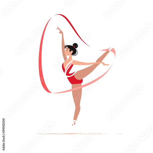 Rhythmic gymnast performing ribbon dance in red leotard flat style illustration
