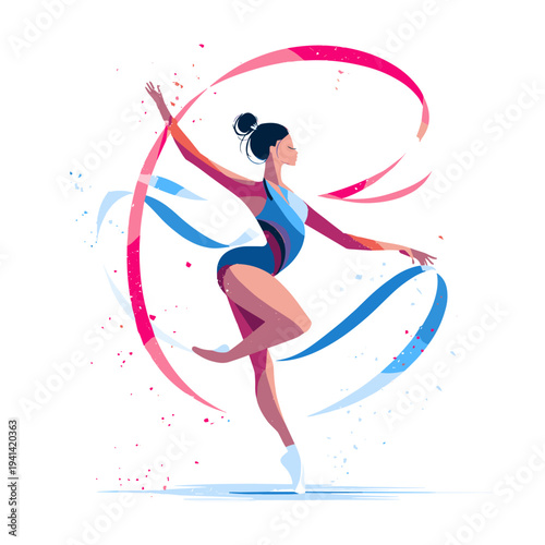 Rhythmic gymnast performing ribbon dance in red leotard flat style illustration