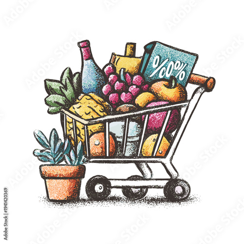 Colorful grocery shopping cart with fresh fruits vegetables wine and snacks flat design illustration
