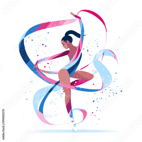 Rhythmic gymnast performing ribbon dance in red leotard flat style illustration