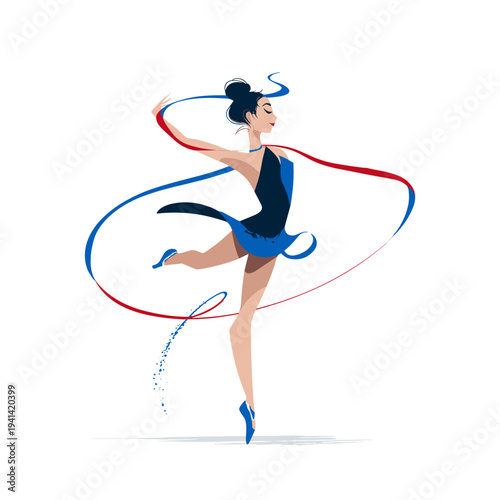 Rhythmic gymnast performing ribbon dance in red leotard flat style illustration