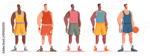 Basketball team lineup flat design players in colorful uniforms isolated on white background