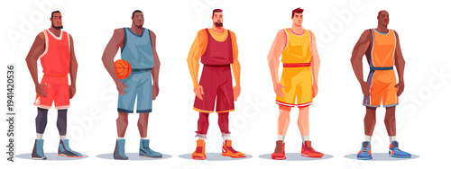 Basketball team lineup flat design players in colorful uniforms isolated on white background