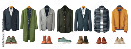 Flat lay men's clothing set isolated on white background fashion collection