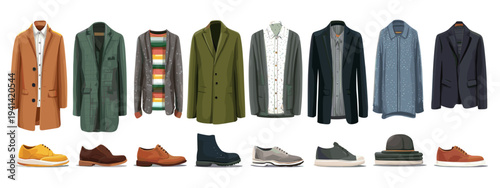 Flat lay men's clothing set isolated on white background fashion collection