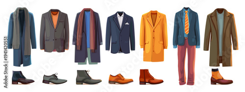 Flat lay men's clothing set isolated on white background fashion collection