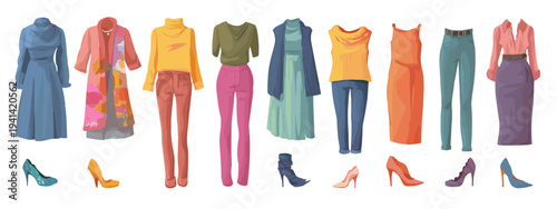 Flat lay seamless women clothing set isolated on white background fashion collection