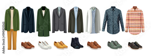 Flat lay men's clothing set isolated on white background fashion collection