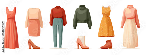 Flat lay seamless women clothing set isolated on white background fashion collection