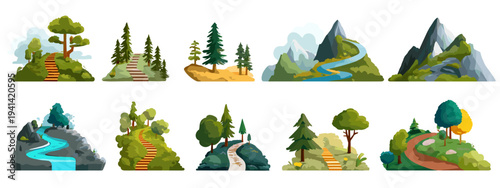 Set of flat seamless nature and cycling trail icons on white background vector illustration