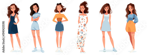 Set of diverse young women models posing confidently in colorful casual outfits isolated on white background