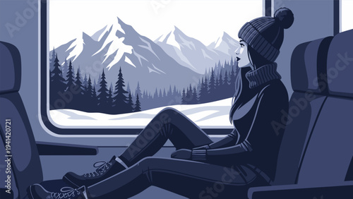 Relaxing on a Train with a View of Snowy Mountains Vector Illustration