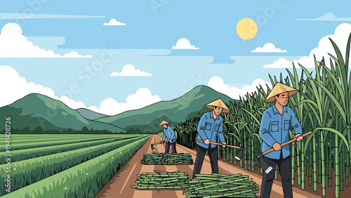 Sunny Day Vector Illustration of Three Farmers Working in a Lush Green Field