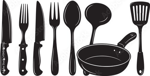 Black kitchen utensils and cookware on white background illustration