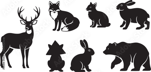Black silhouettes of various forest animals on white background
