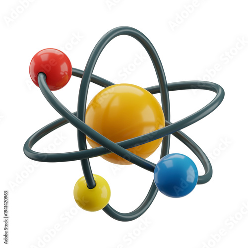 3D Atom Model with Orbiting Electrons Representing Science Physics and Atomic Structure