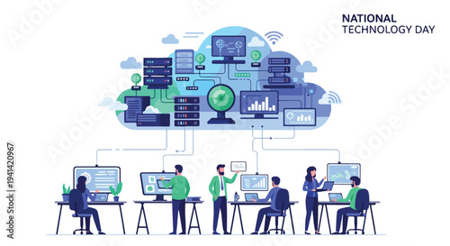 Illustration of a group of people working on computers with a large cloud of digital icons and graphs above them, on National Technology Day.