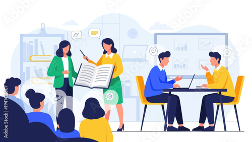 Two women teaching a group of students in a classroom setting.