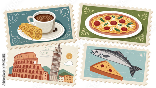 Italian food and landmarks illustration set with pizza coffee fish cheese and famous buildings