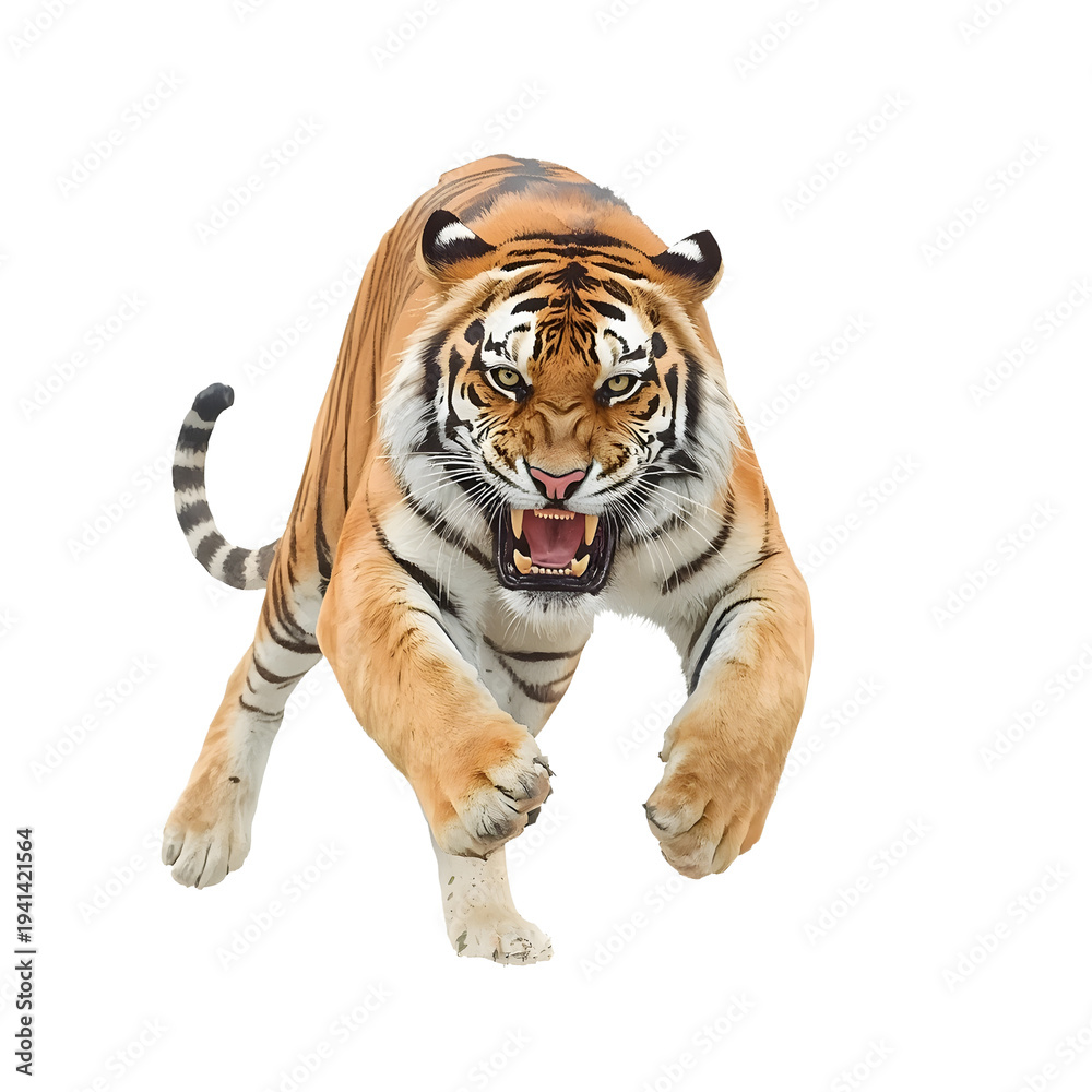 Obraz premium Roaring tiger lunges forward with powerful stance on a white background