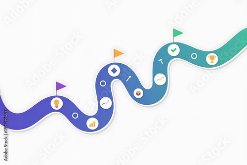 A winding road map to success with various icons and flags