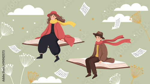 Whimsical vector illustration of two people flying on open books surrounded by floating papers and fluffy plants