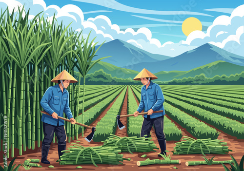 Farm workers harvesting sugarcane field in a vector illustration artwork
